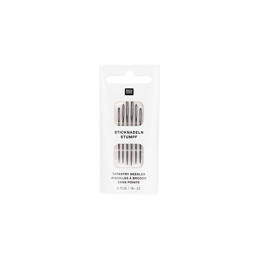 Eine Rico Design Packung mit 6 Sticknadeln in verschiedenen Größen, mit stumpfen Nadeln ideal für Nähen, alle in klarer Plastikverpackung.