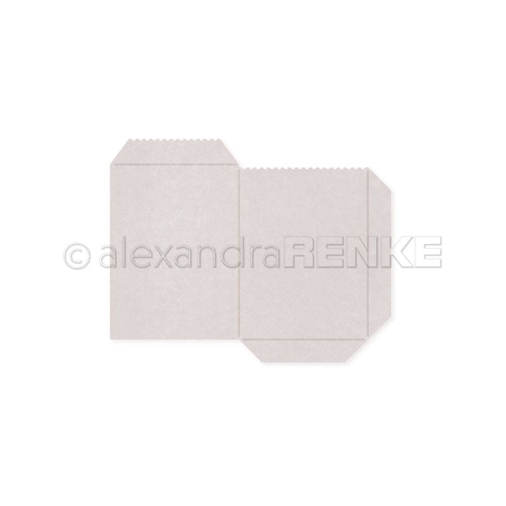 Flache weiße Papierumschlagvorlage mit Faltlinien und Laschen, entworfen für Alexandra Renke, auf einem schlichten weißen Hintergrund.