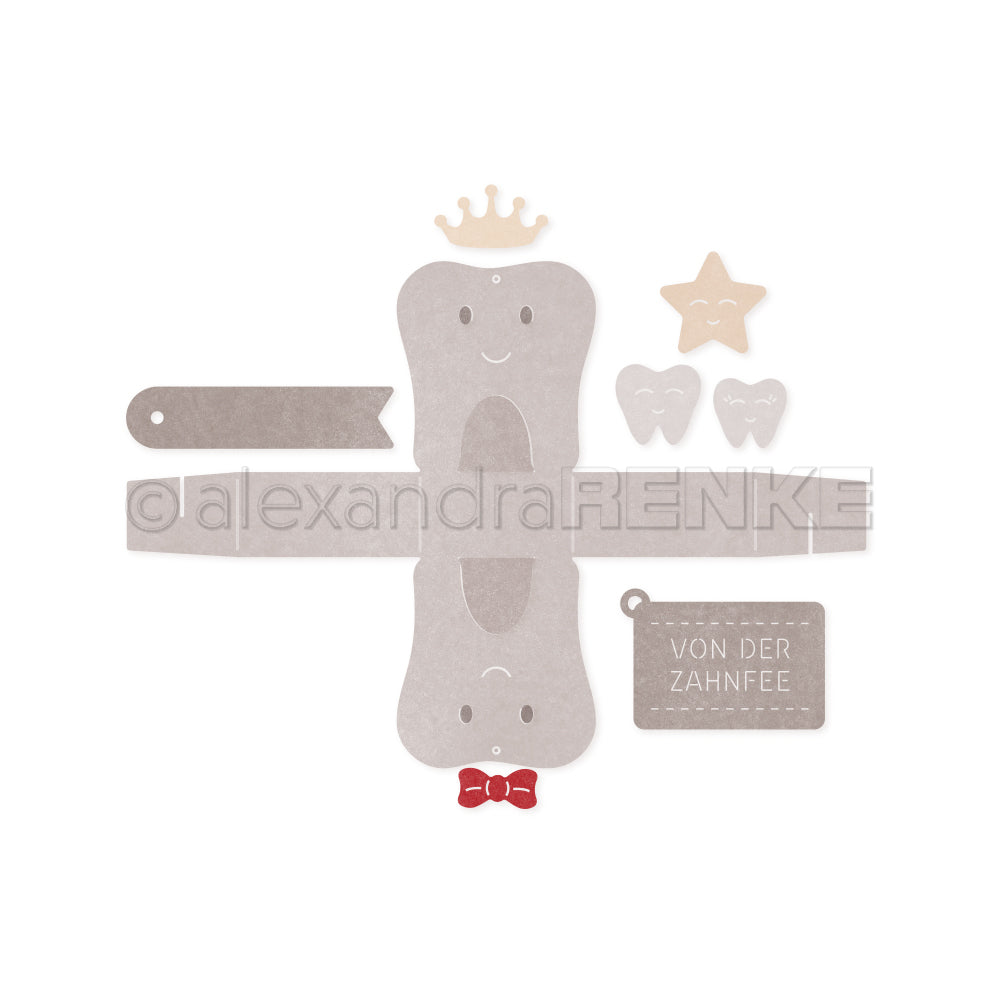 Zahnfee-Papierausschnitte von Alexandra Renke für die Motivstanze Zahnbox mit lächelnden Zähnen, Krone, Stern, Fliege und einem "VON DER ZAHNFEE"-Anhänger - perfekt für kreative Gestaltungen mit Ihren Lieblingsdesignpapieren.