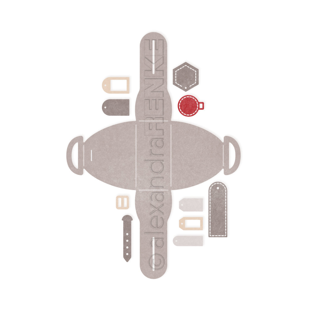 Flachdruck von Ledertaschenmustern, hergestellt mit Alexandra Renke Designpapieren und Stanzsystemen, in verschiedenen Formen und Farben auf weißem Hintergrund.