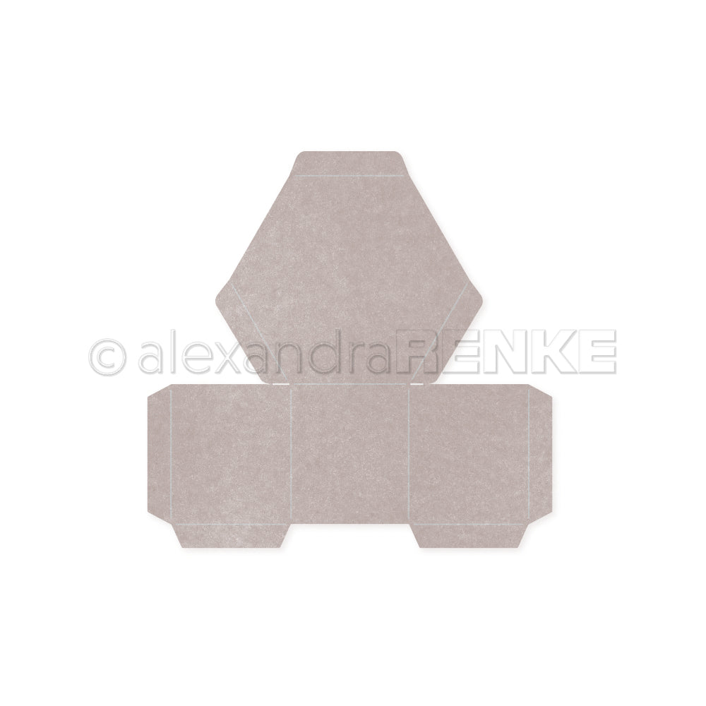 Sechseckige Kartonschablone mit Faltlinien auf weißem Hintergrund von Alexandra Renke, ideal für Designpapiere und kompatibel mit Hexagonbox-Stanzsystemen.