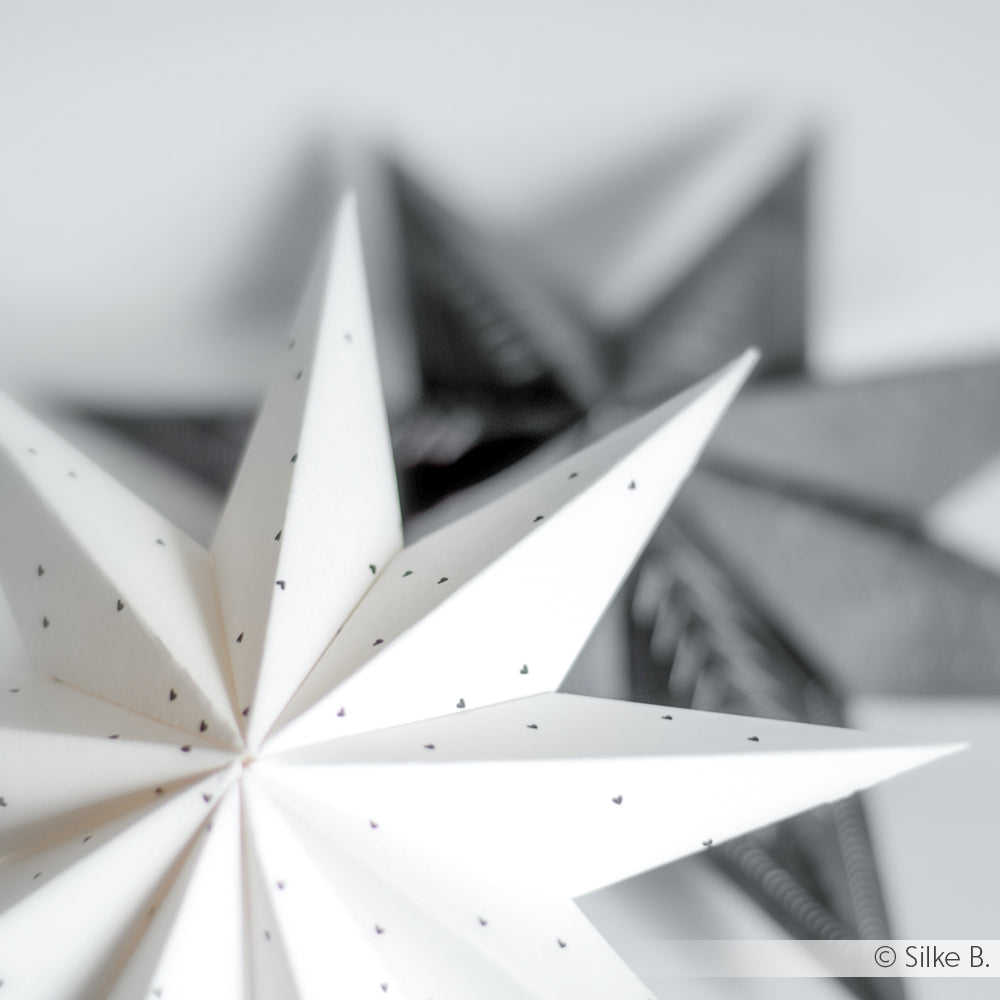 Nahaufnahme eines weißen Faltsterns mit winzigen schwarzen Punkten, hergestellt mit einer Motivstanze von Alexandra Renke, mit einem verschwommenen schwarzen Stern im Hintergrund.