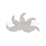 Grauer Papierausschnitt mit fünf spitzen Blütenblättern, hergestellt mit Alexandra Renke Stanzsystemen für präzise Formen, flach auf weißem Hintergrund.