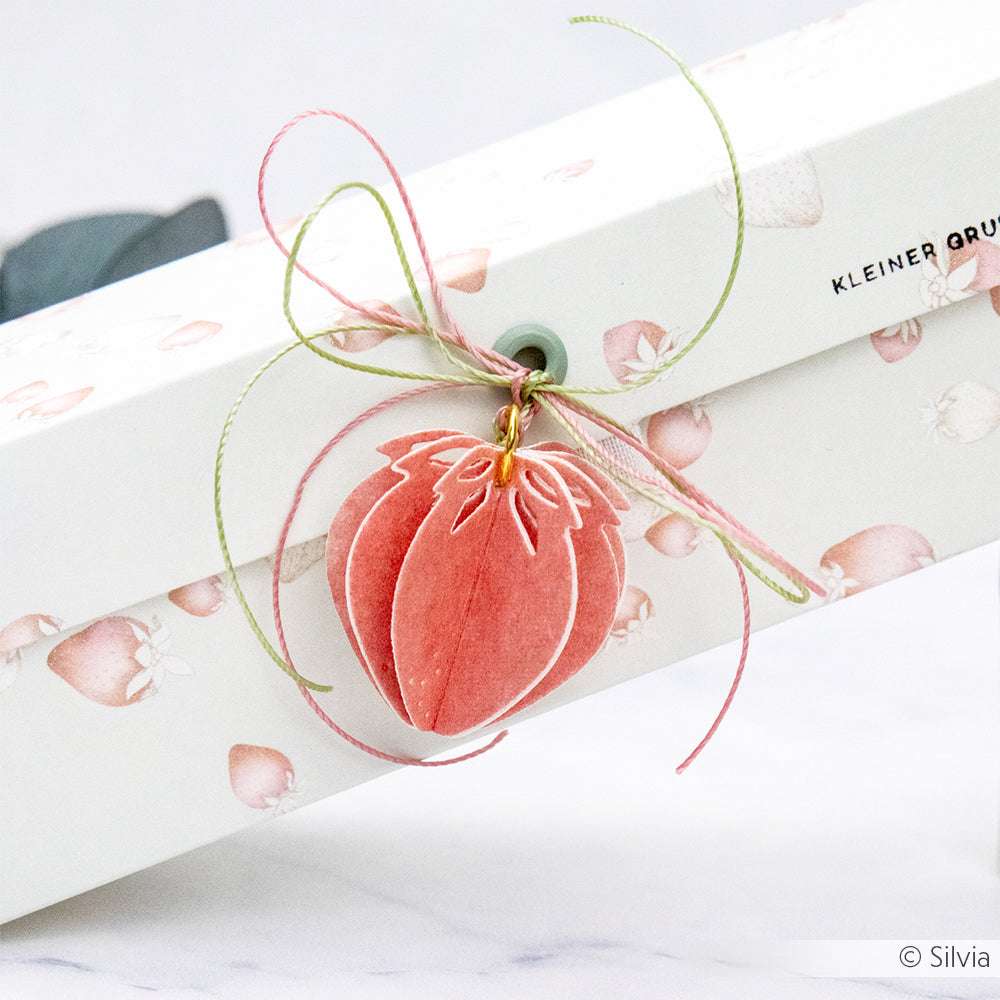 Geschenkkarton mit einem rosa Erdbeer-Papieranhänger, hergestellt mit der Alexandra Renke Motivstanze Erdbeere und verschnürt mit grünem und rosa Band.