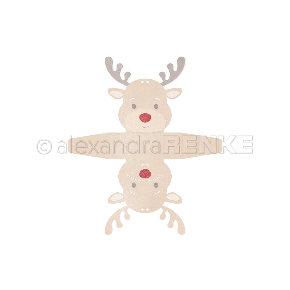 Flacher Papierausschnitt eines Cartoon-Rentiers mit Geweih und roter Nase, perfekt für weihnachtliche Bastelarbeiten mit Alexandra Renke Designpapieren oder erstellt mit Stanzsystemen wie der Alexandra Renke Motivstanze Rentier-Box.