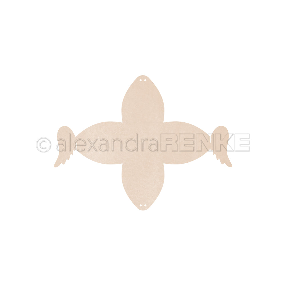 Ein beigefarbener, blütenförmiger Ausschnitt mit zwei kleinen flügelartigen Seiten, gefertigt mit Alexandra Renke Motivstanze Engelsflügel-Box Stanzsysteme Designpapiere, ist auf weißem Hintergrund zu sehen.