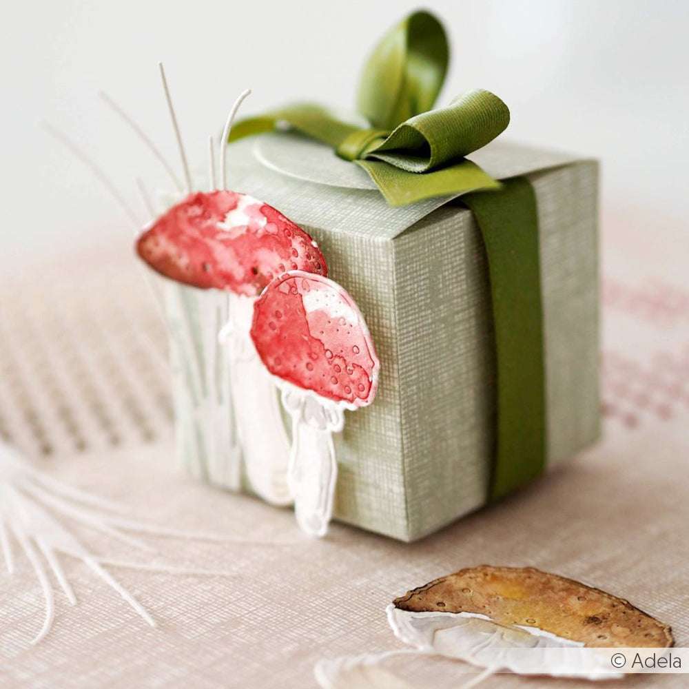 Ein grüner Geschenkkarton mit Schleife und Aquarell-Pilzmotiven, hergestellt mit Alexandra Renke Stanzsysteme und Dies für Bastelprojekte für einzigartigen handgemachten Charme.