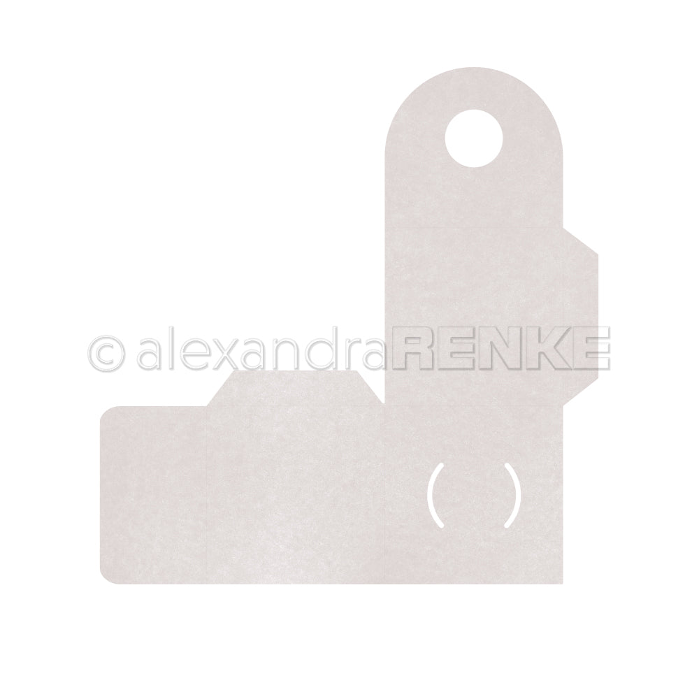 Hellgrauer Papierausschnitt im Alexandra Renke Design in einer abstrakten L-Form mit Loch und geschwungenen Linien, hergestellt mit Stanzsystemen, dargestellt auf weißem Hintergrund.