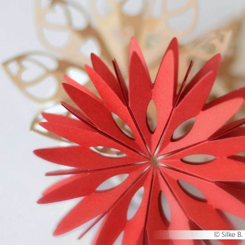 Nahaufnahme einer roten Papierblume aus Motivstanze und Blütenblattausschnitten von Alexandra Renke, überlagert mit beigen Designpapieren.