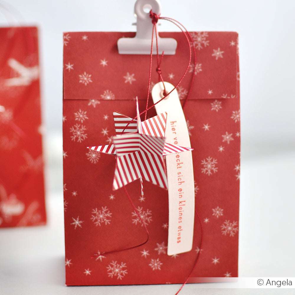 Rote Geschenktüte mit weißen Schneeflocken, verziert mit einem gestreiften Stern aus der 3D Faltstern Stanze von Alexandra Renke und einem Anhänger zum Aufhängen - ideal, um Ihre liebsten DieCut Systeme zu präsentieren.