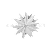 Ein weißes 3D-Papierstern-Ornament von Alexandra Renke, hergestellt mit DieCut Systemen und Designpapieren, hat spitze Kanten und ruht elegant auf einem schlichten weißen Hintergrund.