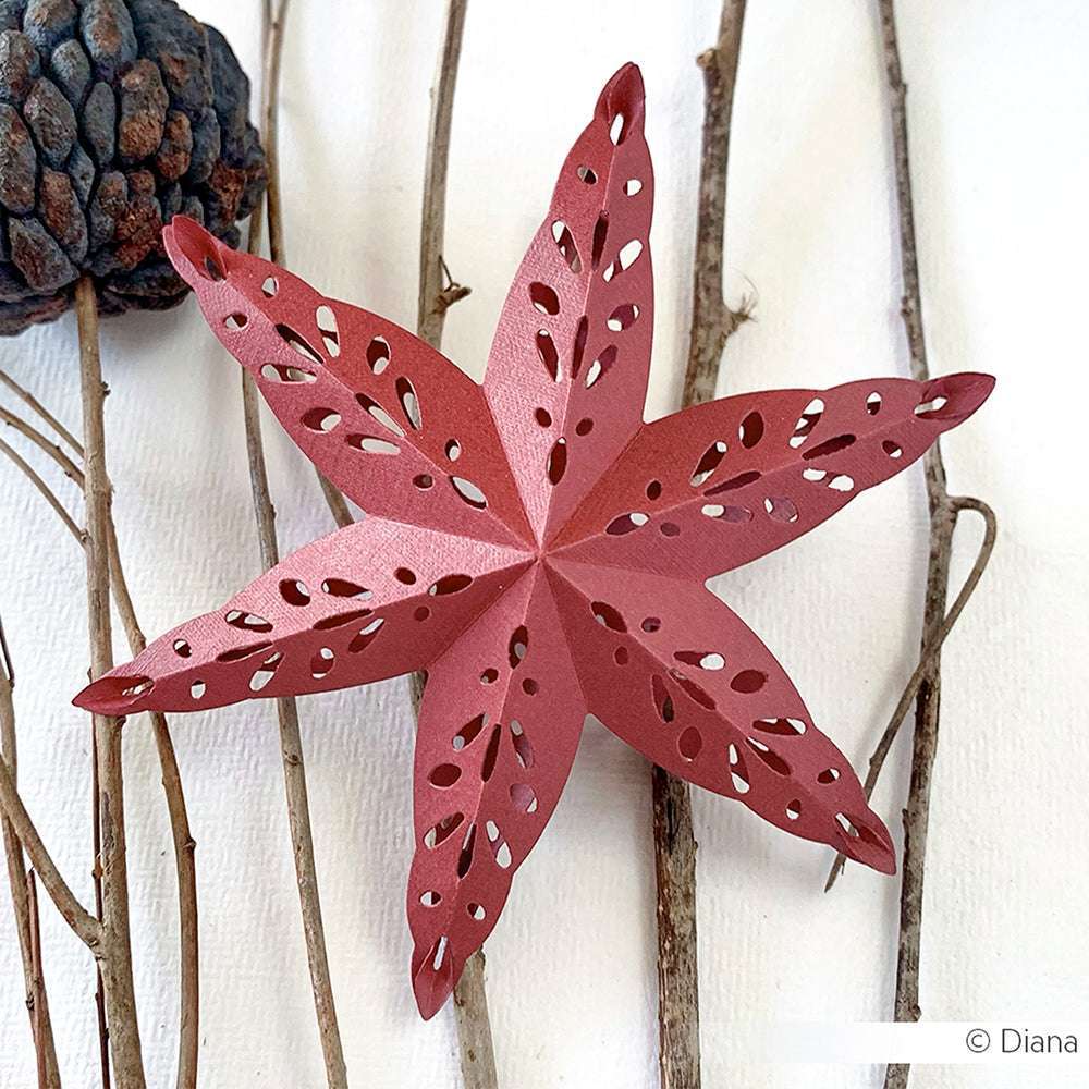 Rote Papierblume mit komplizierten Ausschneidemustern, hergestellt mit Alexandra Renke DieCut Systemen und Designpapieren, arrangiert auf Zweigen vor einem weißen Hintergrund.