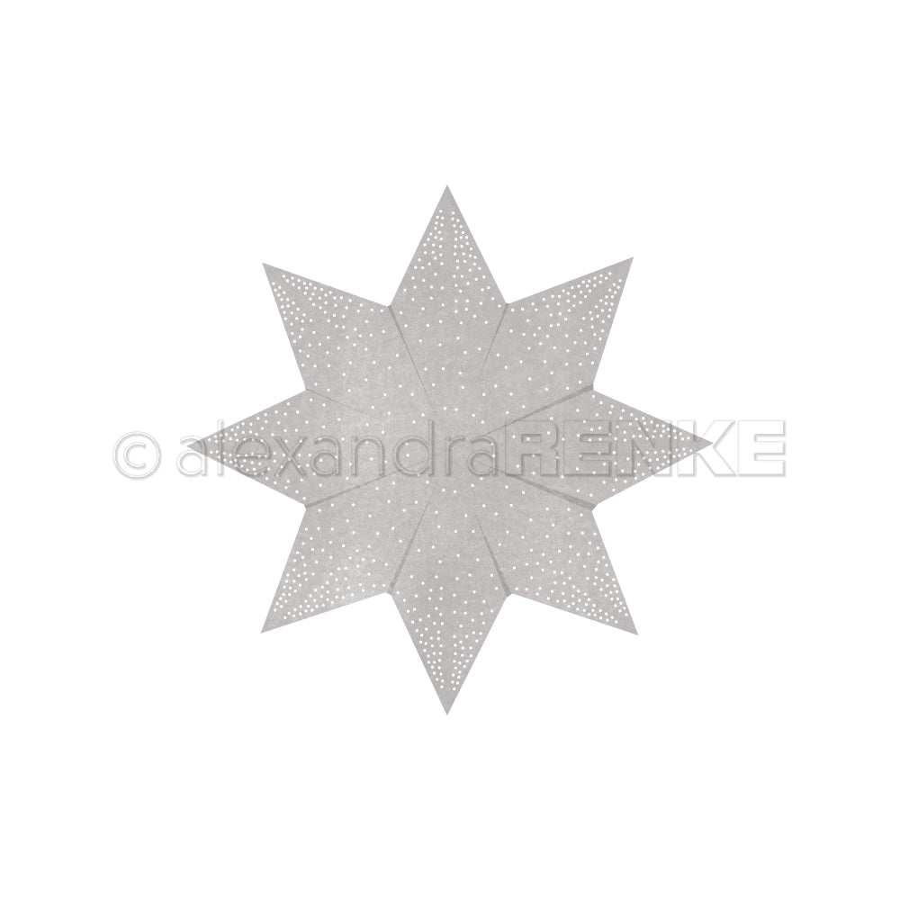 Achtzackige Sternlaterne aus weißem Papier mit kleinen Lochmustern, hergestellt aus hochwertigen Designpapieren und mit der Motivstanze „Faltstern“ von DieCut Systeme, präsentiert vor einem schlichten weißen Hintergrund.