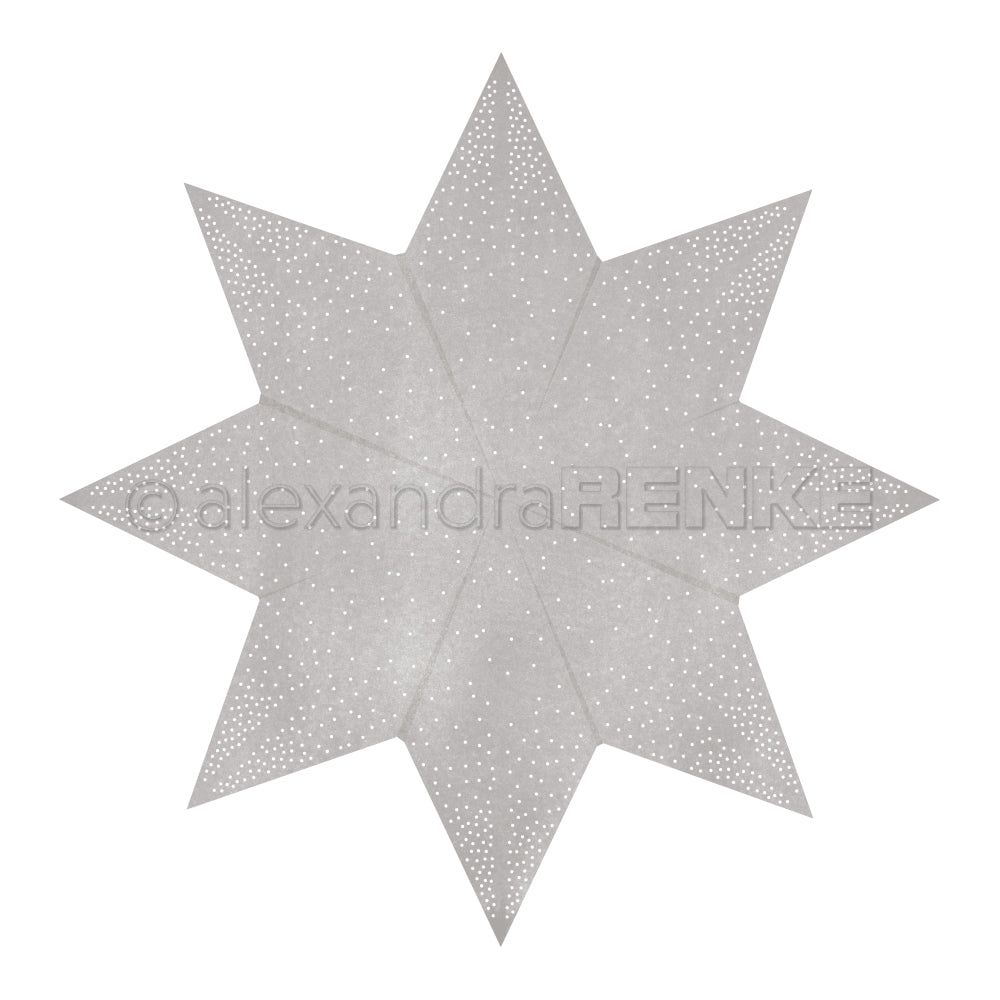 Achtzackige, sternförmige weiße Papierlaterne von Alexandra Renke, hergestellt mit Motivstanze Faltstern und mit kleinen perforierten Löchern für einen Leuchteffekt.
