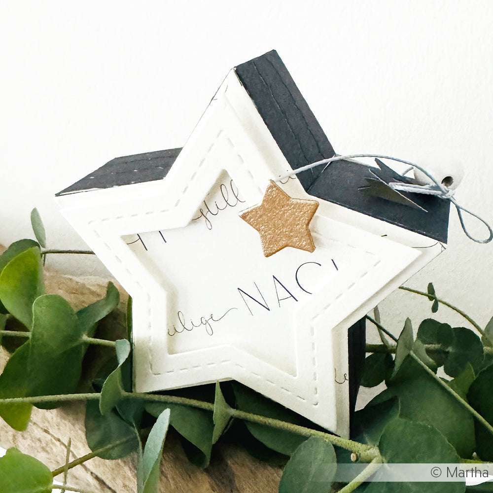 Die mit dem Motivstanze Abriss-Stern Box Stanzsysteme aus Designpapier gefertigte Deko-Box in Sternform von Alexandra Renke zeigt einen goldenen Stern, der von grünen Blättern auf einer Holzoberfläche umgeben ist.