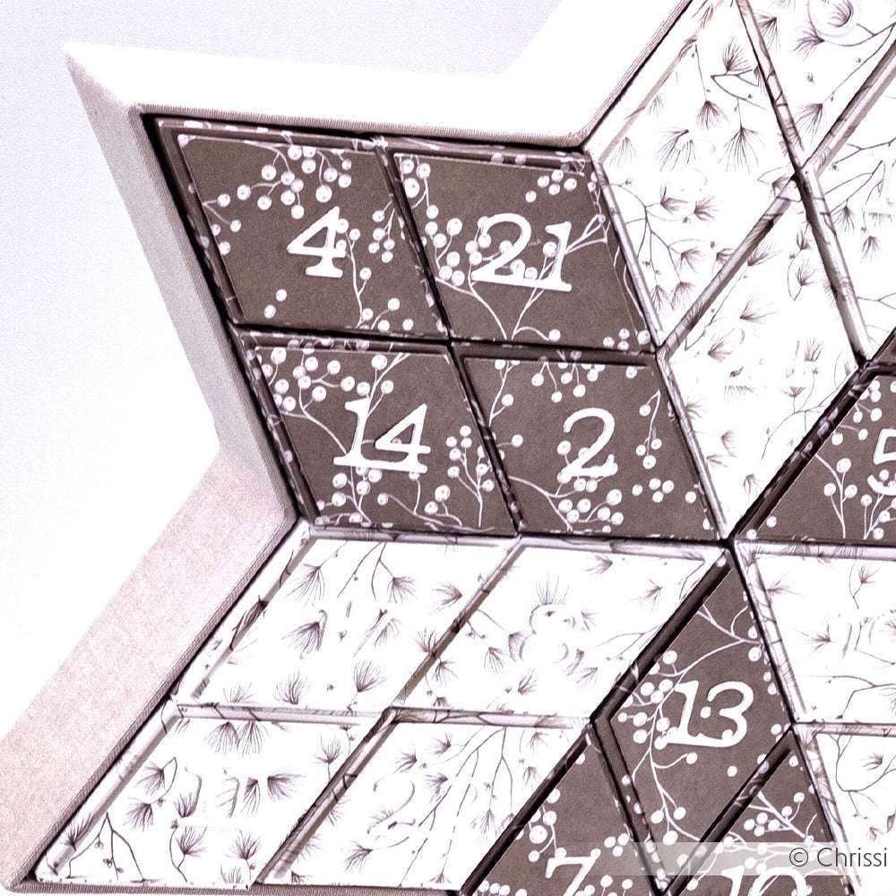 Der sternförmige Adventskalender von Alexandra Renke hat nummerierte Fächer und ein weißes botanisches Muster auf braunen und weißen Kacheln - ideal, um Ihre Motivstanze zu präsentieren oder Chrissis Abriss-Rhombus Boxen zu verschönern.