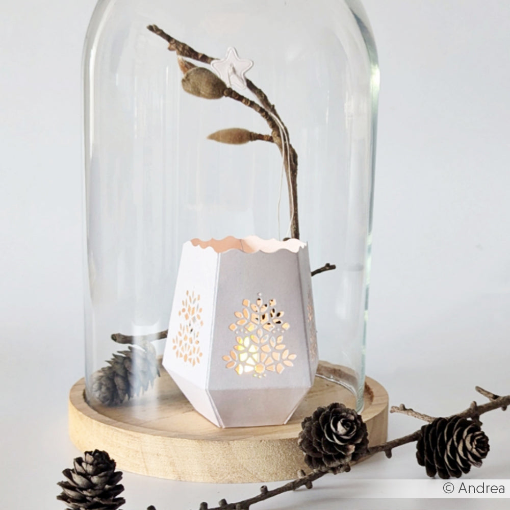Eine Papierlaterne und ein Zweig, gefertigt mit Alexandra Renke Deep Edge Motivstanzen, stehen unter einer Glaskuppel auf einem Holzsockel, um den herum Tannenzapfen angeordnet sind.