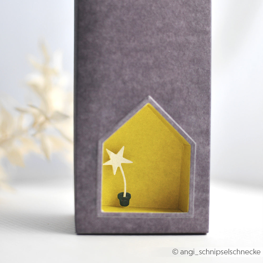 Ein kleiner weißer Stern in einem Topf von Alexandra Renke wird in einem gelben Motivstanze Haus Box Rahmen in einer grauen Box präsentiert.