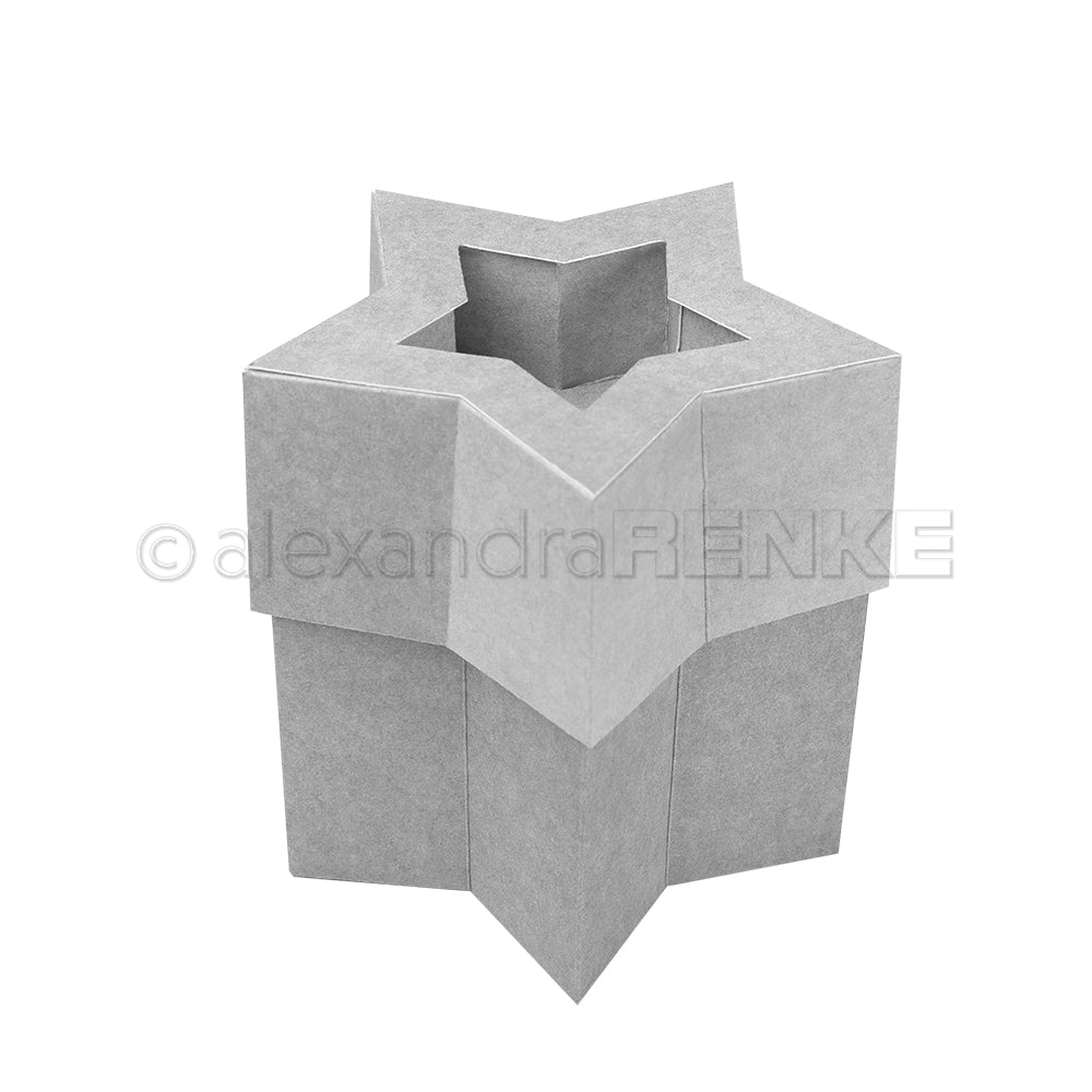 Graue, sternförmige Faltschachtel aus Papier mit offenem Deckel auf weißem Grund, hergestellt mit Alexandra Renke Designpapieren und dem Motivstanze Stern-Box DieCut System für präzise Formen.