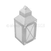 Die graue Papierlaterne mit Henkel von Alexandra Renke hat weiße Paneele und ein X-förmiges DieCut Systeme Design auf der Vorderseite.