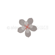 Alexandra Renkes schlichte graue 3D-Kirschblüte mit fünf Blütenblättern und einer roten Mitte steht auf weißem Hintergrund.