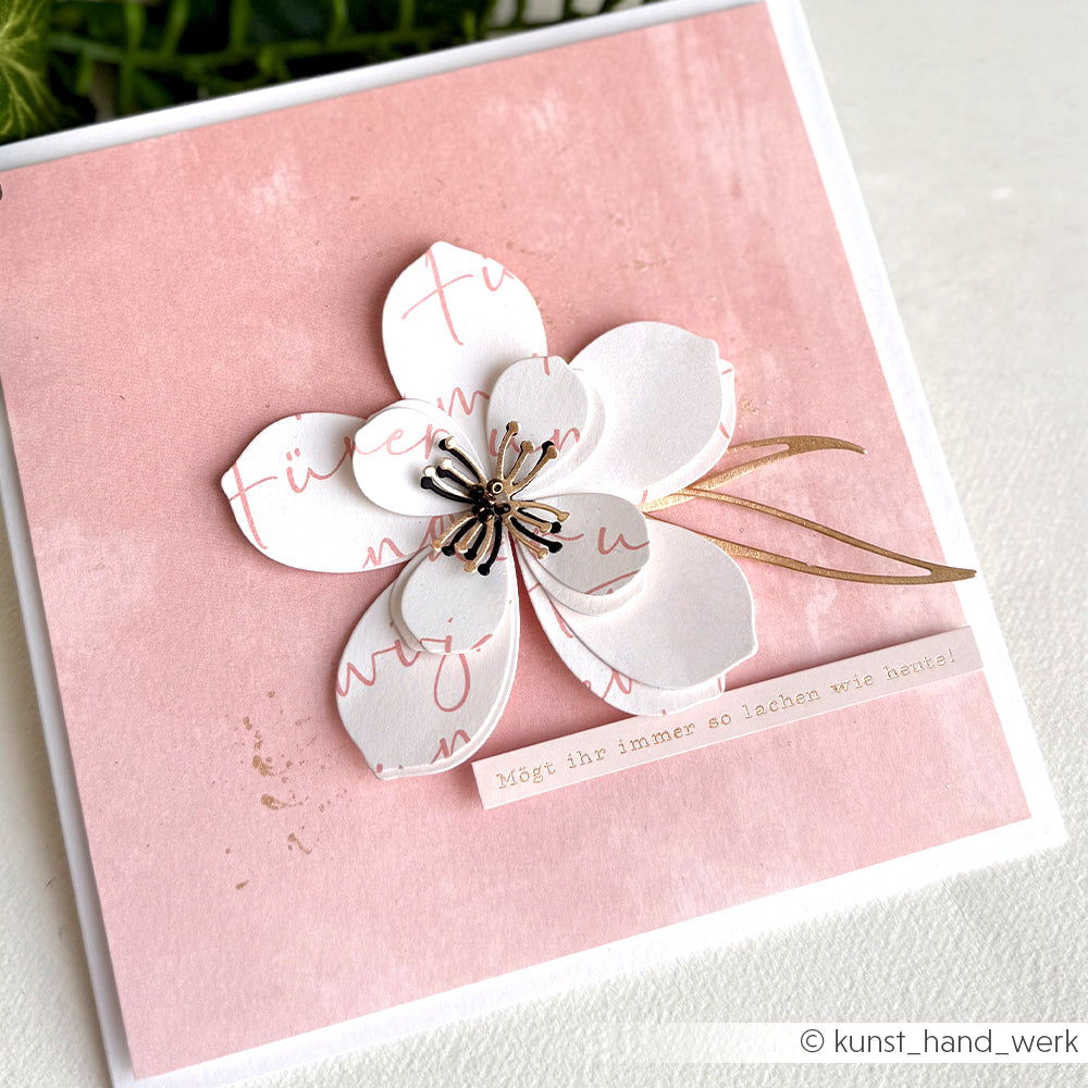 Eine handgefertigte Karte von Alexandra Renke zeigt eine weiße 3D-Blume, die mit der Motivstanze 3D Kirschblüte auf rosa Hintergrund hergestellt wurde, mit deutschem Text am unteren Rand.