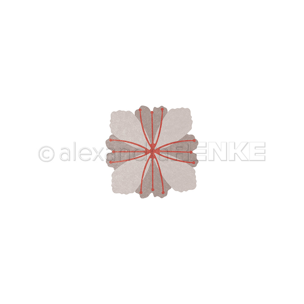 Eine schlichte, stilisierte helle Blüte mit acht Blütenblättern und roten Linien strahlt aus der Mitte auf weißem Hintergrund - ideal für Alexandra Renke DieCut Systeme oder als Motiv auf Designpapieren mit Motivstanze 3D Wolkenblume.