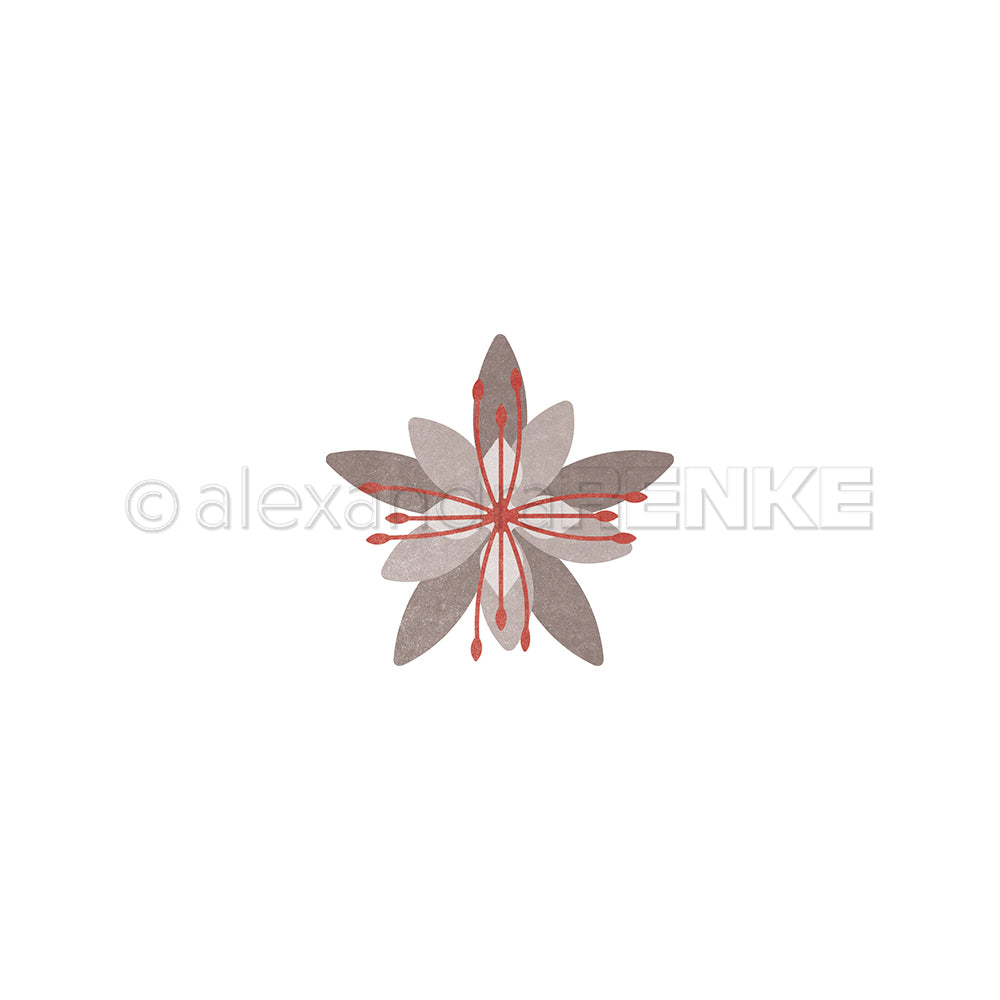 Minimalistische Illustration einer sechsblättrigen grauen Blume mit roten Linien und Punkten auf weißem Grund, inspiriert von Alexandra Renke's 3D Sternblume und DieCut Systemen, ideal für kreative Designprojekte.