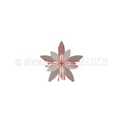 Minimalistische Illustration einer sechsblättrigen grauen Blume mit roten Linien und Punkten auf weißem Grund, inspiriert von Alexandra Renke's 3D Sternblume und DieCut Systemen, ideal für kreative Designprojekte.