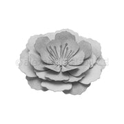 Auf weißem Hintergrund ist eine graustufige Papierblume mit übereinanderliegenden Blütenblättern und sichtbaren Staubblättern zu sehen, die aus Designpapieren von Alexandra Renke und mit Motivstanzern wie der „Motivstanze“ gefertigt wurde.