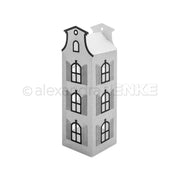 Eine graue Pappschachtel in Form eines hohen Gebäudes mit schwarzen Fenster- und Türmotiven, die mit Motivstanzen präzise gestaltet wurden – eine bezaubernde Motivstanze-Häuserbox, die sich perfekt mit Ihren Lieblings-Designpapieren kombinieren lässt.