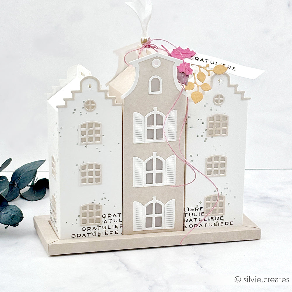 Geschenkbox in Form eines Hauses aus Papier mit dekorativen Blättern, Anhängern und dem Schriftzug „GRATULIERE“, gestaltet mit Designpapieren und einer Motivstanze „Häuserbox“ aus dem Stanzsystem, auf hellem Hintergrund.