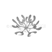 Eine Ansammlung sich überlappender Metallformen in Mistelzweig-Optik, die mit einer Motivstanze gestaltet wurden.