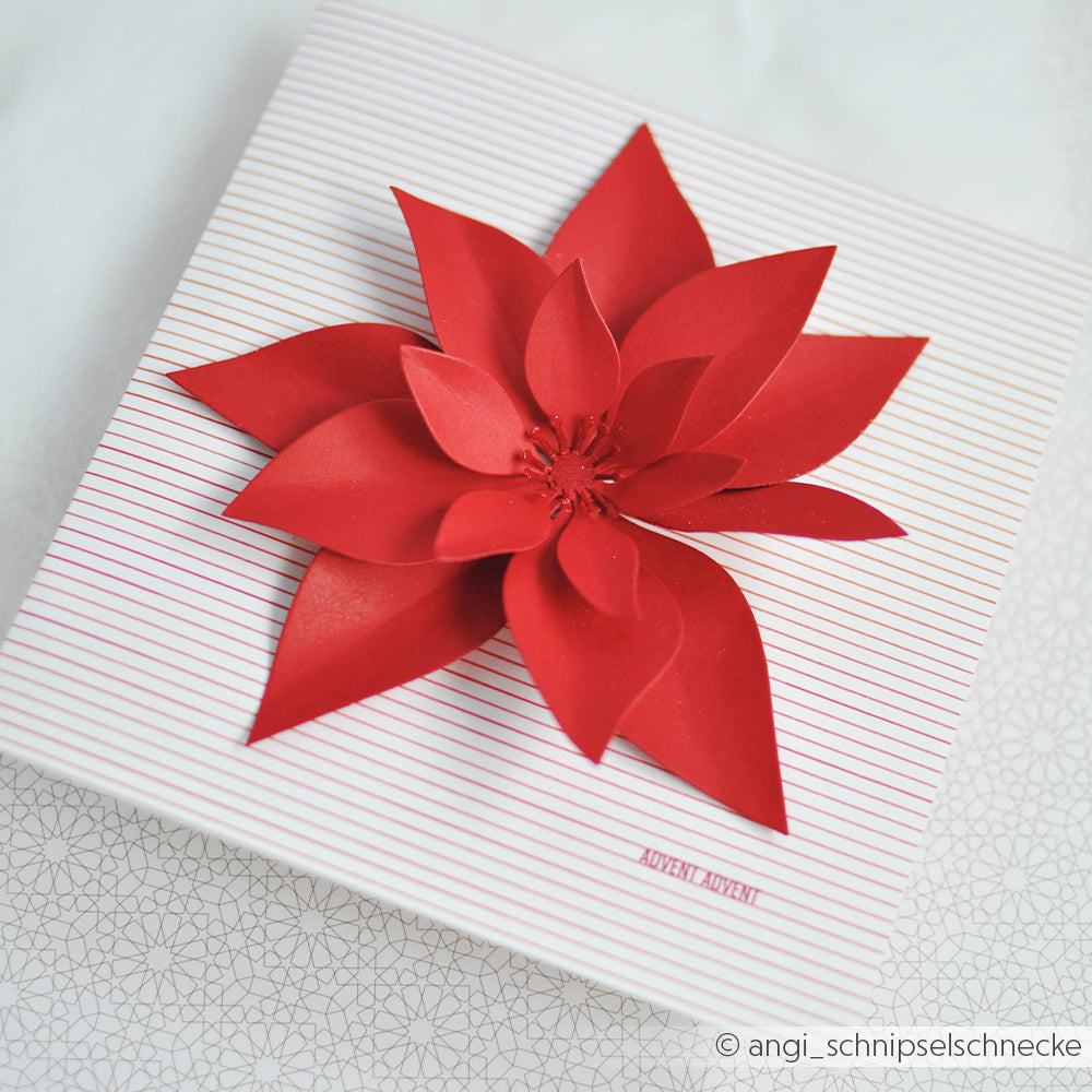 Weiße Geschenkbox mit schmalen roten Streifen und einem 3D-Weihnachtsstern aus Designpapier auf der Oberseite.