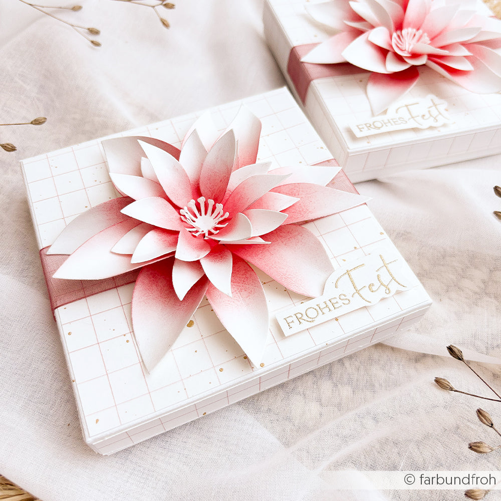Zwei Geschenkboxen mit Karomuster, einem rosa 3D-Weihnachtsstern und Frohes Fest-Etiketten.