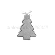 Ein graues Weihnachtsbaumschmuckstück aus Filz mit einer silbernen Aufhängeschnur im Stil einer Weihnachtskugel.