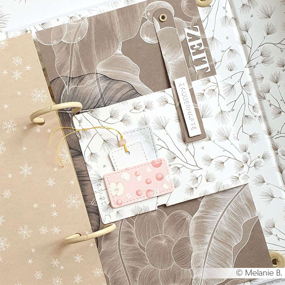 Scrapbook-Seite mit Alexandra Renke floralem Designpapier, Anhängern mit der Aufschrift ZEIT und ZAUBERMOMENTE, sowie einer kleinen rosa gepunkteten Karte - ideal für kreative Papierarbeiten oder handgemachte Grußkarten.