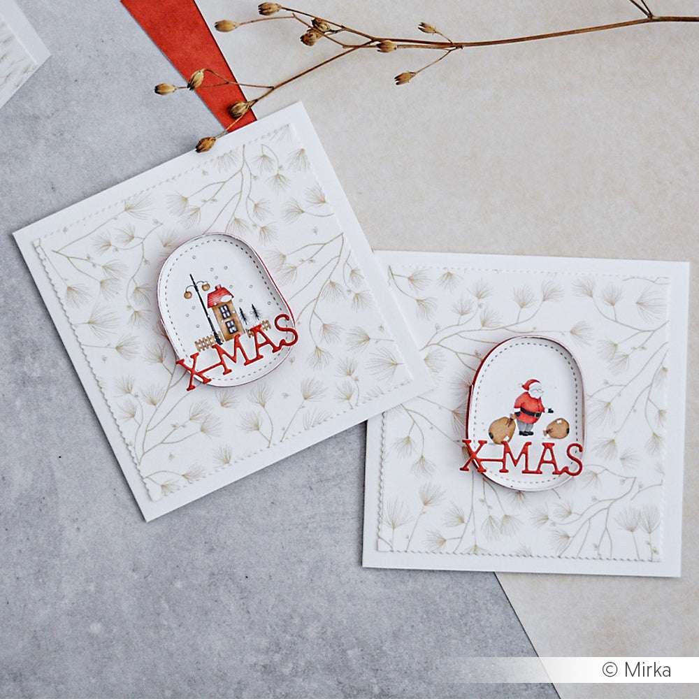 Zwei quadratische Weihnachtskarten von Alexandra Renke mit festlichen Illustrationen und "XMAS"-Text, wunderschön gestaltet auf Designpapier mit dezentem weiß gemustertem Hintergrund.