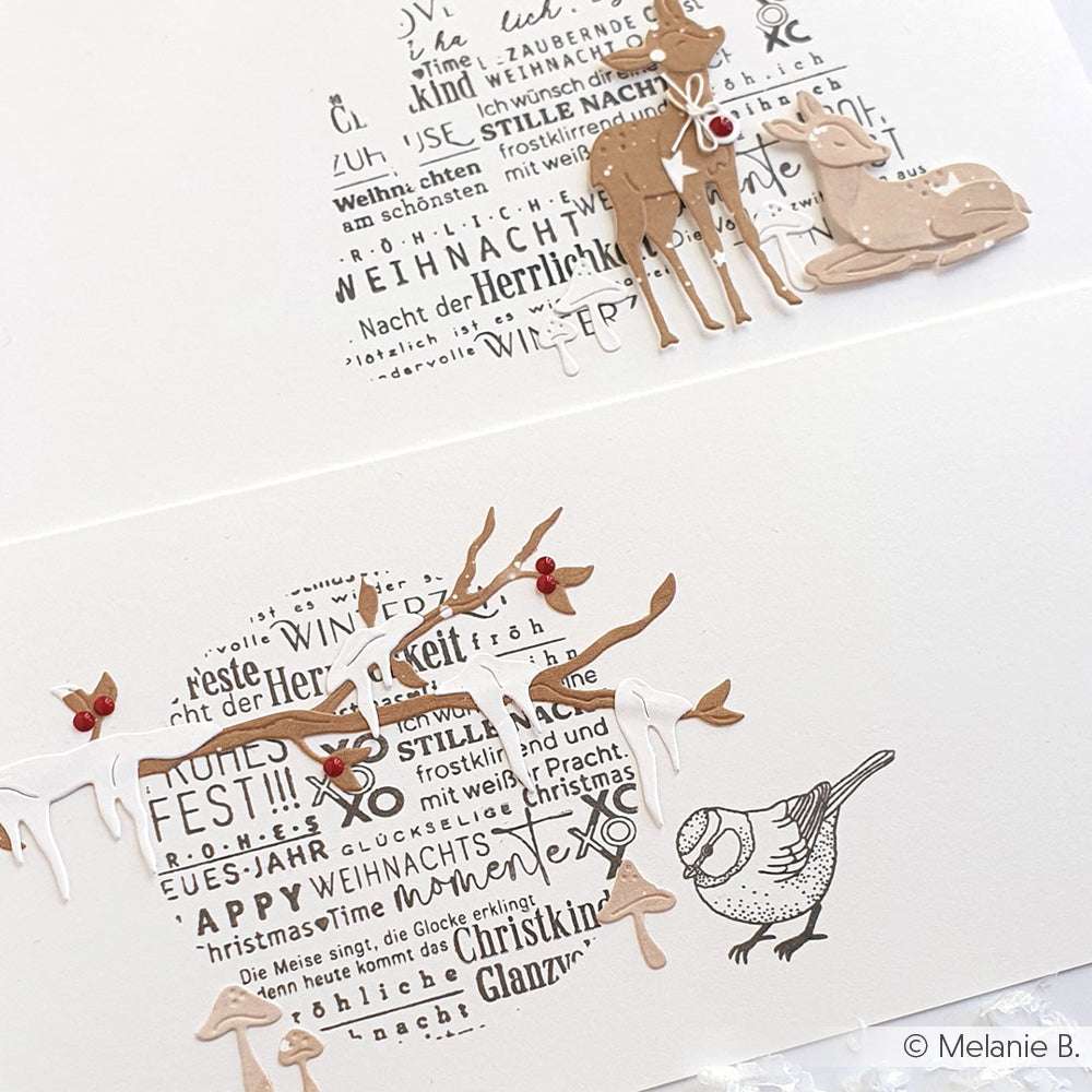 Handgemachte Weihnachtskarten von Alexandra Renke mit Rentieren, Vögeln (Wintervögeln), festlichen deutschen Texten, Papierausschnitten und Clear Stamp-Akzenten - perfekt, um bezaubernde Wintergrüße zu versenden.