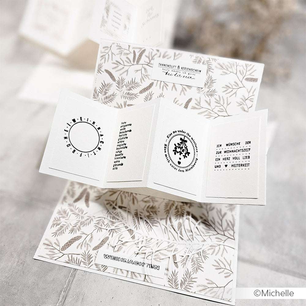 Eine von Alexandra Renke handgefertigte Pop-up-Karte mit Naturmustern und deutschem Text, die mit klaren Stempeltechniken hergestellt wurde und offen auf einer hellen Oberfläche gezeigt wird.