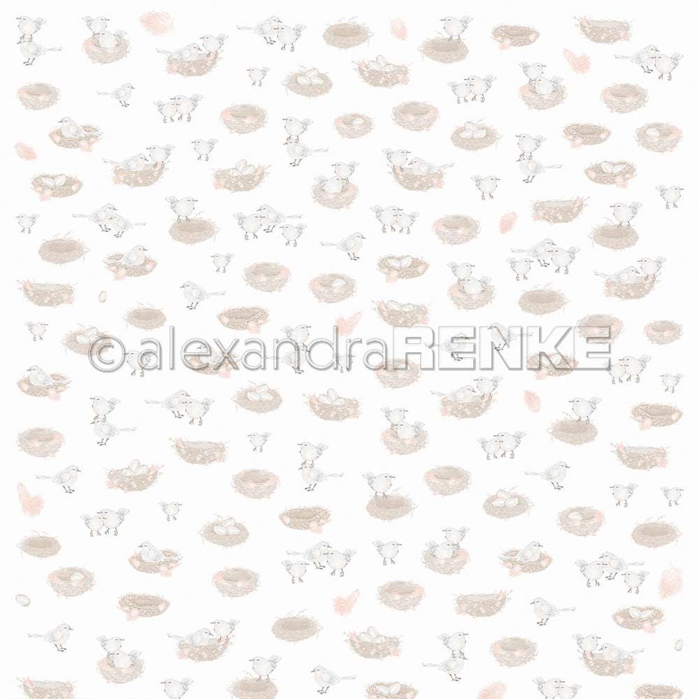 Skizzierte Schafe, Nester und Eier in sanften Neutraltönen auf Weiß - dieses Alexandra Renke Designpapier ist ideal für Ihre kreativen Papierprojekte.