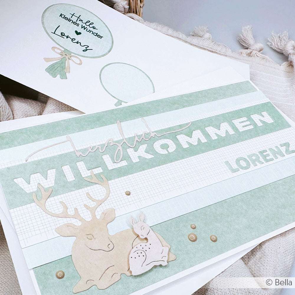 Herzlich Willkommen Lorenz Grußkarten von Alexandra Renke zeigen niedliche Hirsch- und Hasen-Illustrationen in Grüntönen, gefertigt mit Motivstanze und hochwertigen Designpapieren.