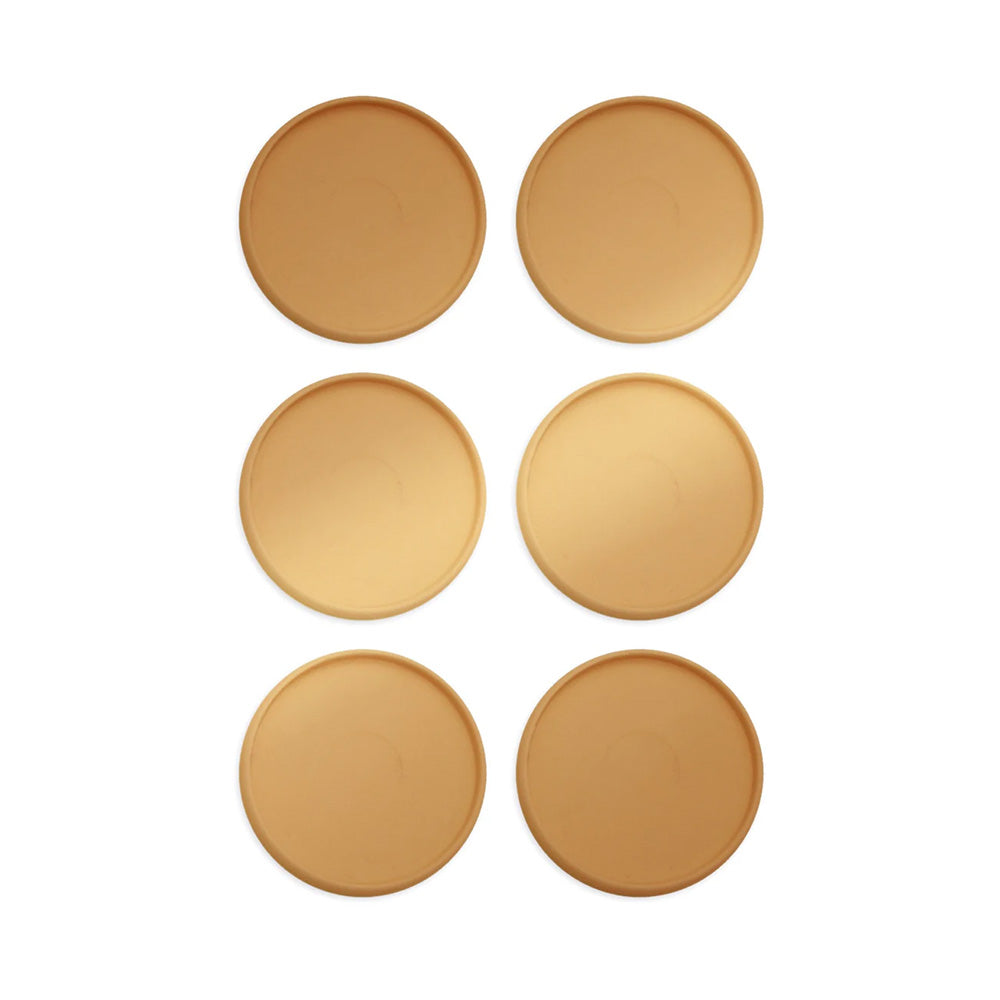 Sechs runde, hellbraune We R Memory Keepers-Scheiben - ähnlich den Planner Discs - sind in zwei Spalten auf einem weißen Hintergrund angeordnet.