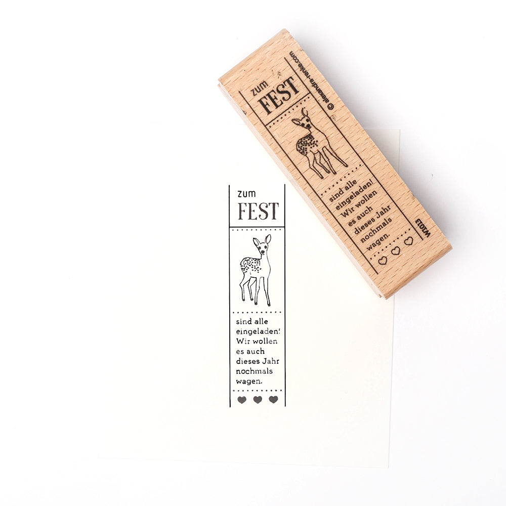 Alexandra Renke Holzstempel mit einem Hirsch und dem Schriftzug "zum FEST" - ideal für Papierbasteleien und Stempelprojekte mit Ihrem Lieblingsstempelkissen.