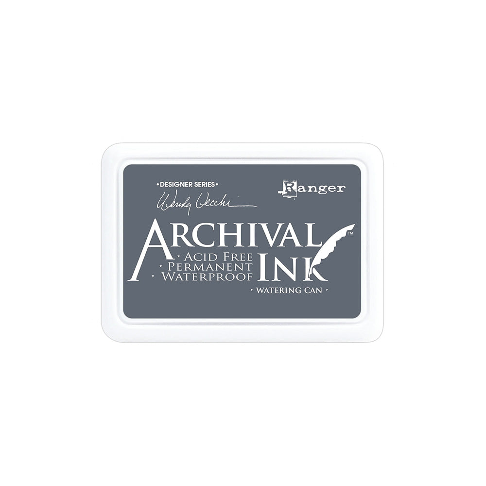 Ein rechteckiges Ranger Archival Ink Pad mit der Aufschrift Acid Free, Permanent, Waterproof, Watering Can - ideal für alle, die hochwertige Stempeltinte oder permanente Tinte für bleibende Eindrücke suchen.