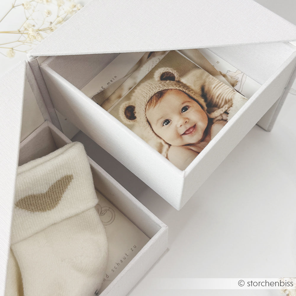 Alexandra Renke weiße Fotowürfelbox mit dem Foto eines lächelnden Babys mit Bärenmütze, gepaart mit cremefarbenen Babysocken.