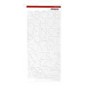 Bogen mit weißen Alexandra Renke Alpha Sticker Klebeetiketten mit dem großen Alphabet Weiß mit Großbuchstaben, Zahlen und Symbolen in Reihen angeordnet.