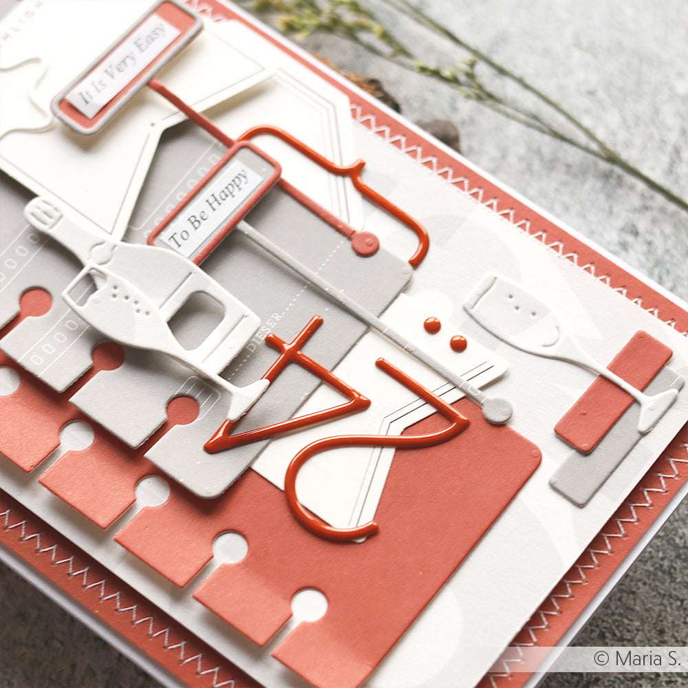 Eine mehrschichtige Karte von Alexandra Renke mit Papierausschnitten, 3D-Effekten und dem Text "It Is Very Easy To Be Happy" in Orange-, Grau- und Weißtönen.