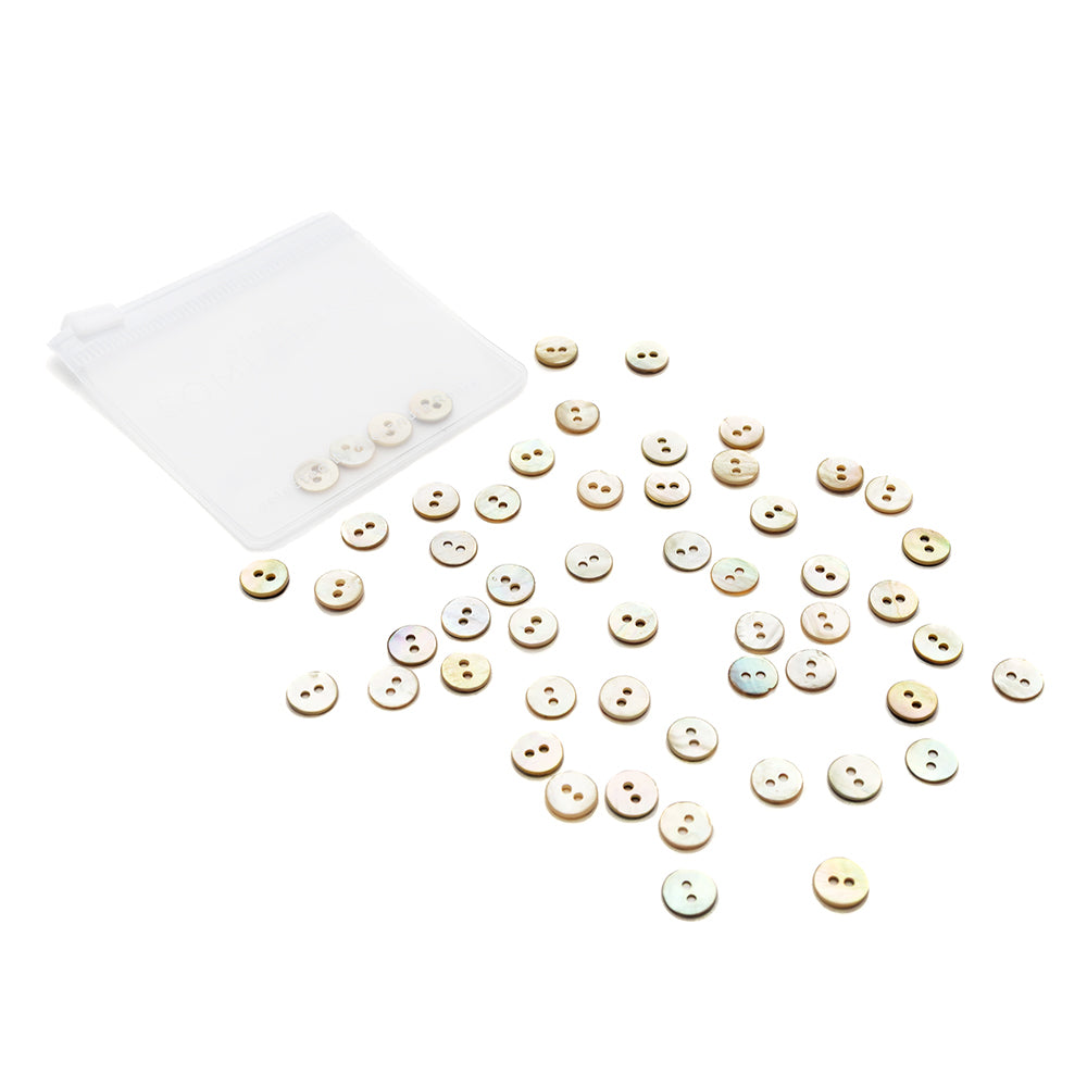 Ein durchsichtiges Etui von Alexandra Renke enthält kleine, runde, beige schimmernde Akoya-Knöpfe, die auf einer weißen Fläche verstreut sind.