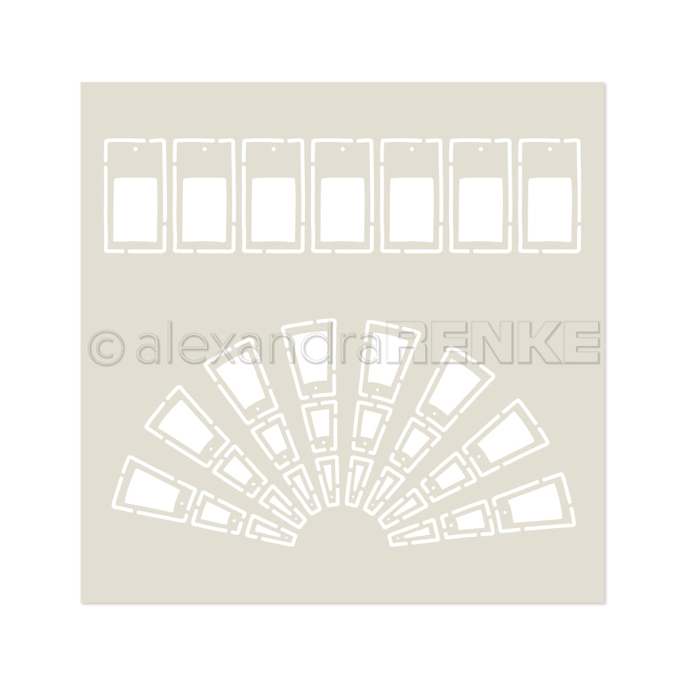 Die wiederverwendbare Schablone von Alexandra Renke zeigt zehn rechteckige Ausschnitte in einer Reihe und zwölf weitere in einer halbkreisförmigen Fächerform darunter.